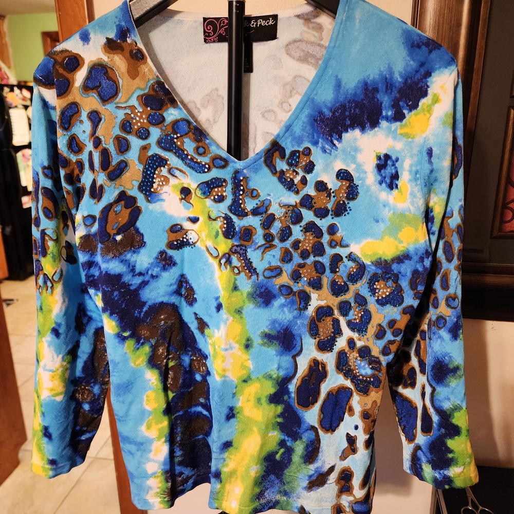 Peck And Peck Multi-Print V-Neck Top with Stud Accents